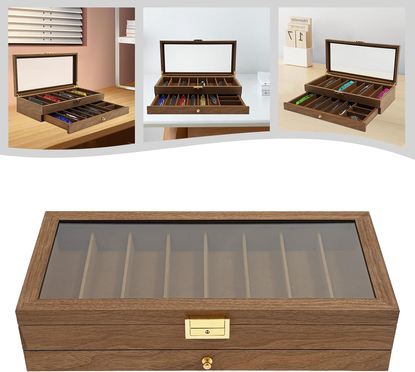 Knife Display Case, 22 Slot Storage Box, 3-Tier Lockable, Showcase & Organizer with Ebony Veneer and Real Glass Window Top for Pocket Knives, Men Gift, 15.7 * 7.6 * 4.7 in (Walnut Color, 3 Tiers)