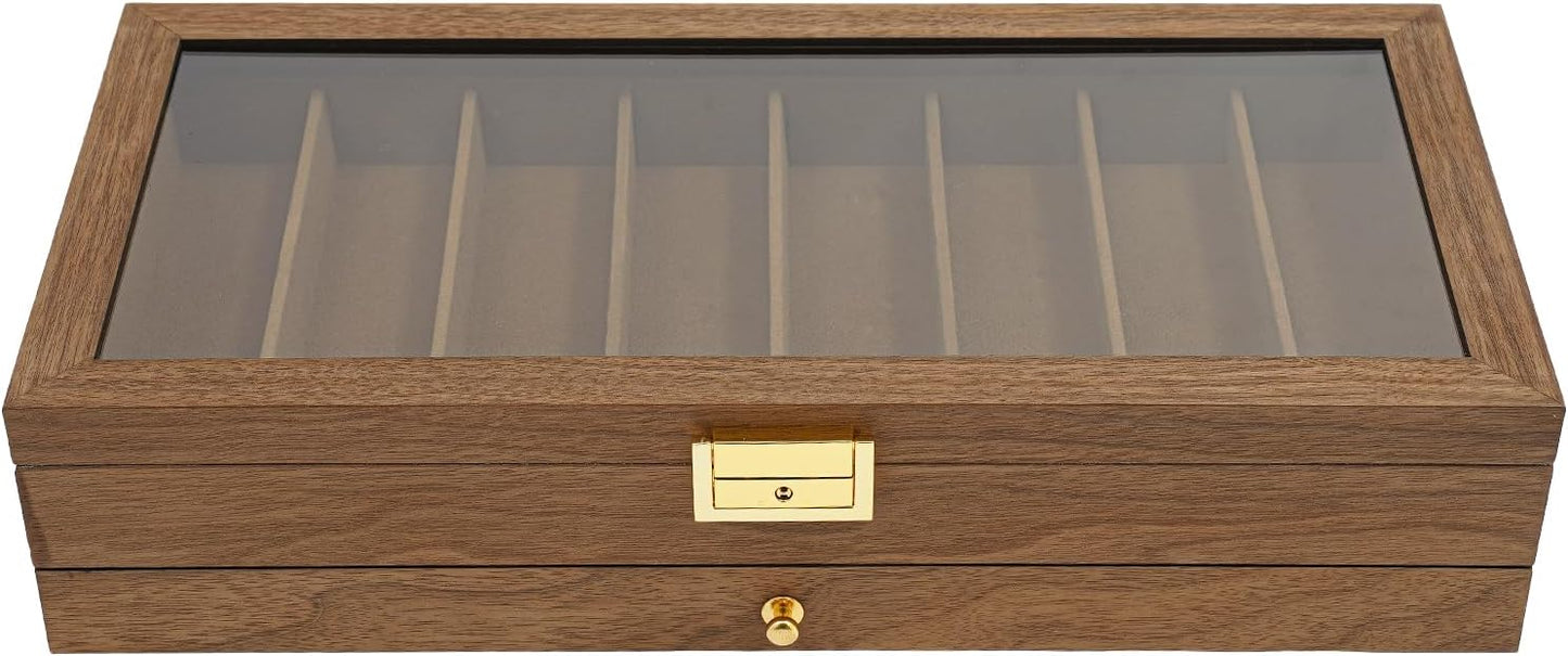 Knife Display Case, 22 Slot Storage Box, 3-Tier Lockable, Showcase & Organizer with Ebony Veneer and Real Glass Window Top for Pocket Knives, Men Gift, 15.7 * 7.6 * 4.7 in (Walnut Color, 3 Tiers)