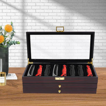 Knife Display Case, 22 Slot Storage Box, 3-Tier Lockable, Showcase & Organizer with Ebony Veneer and Real Glass Window Top for Pocket Knives, Men Gift, 15.7 * 7.6 * 4.7 in (Walnut Color, 3 Tiers)