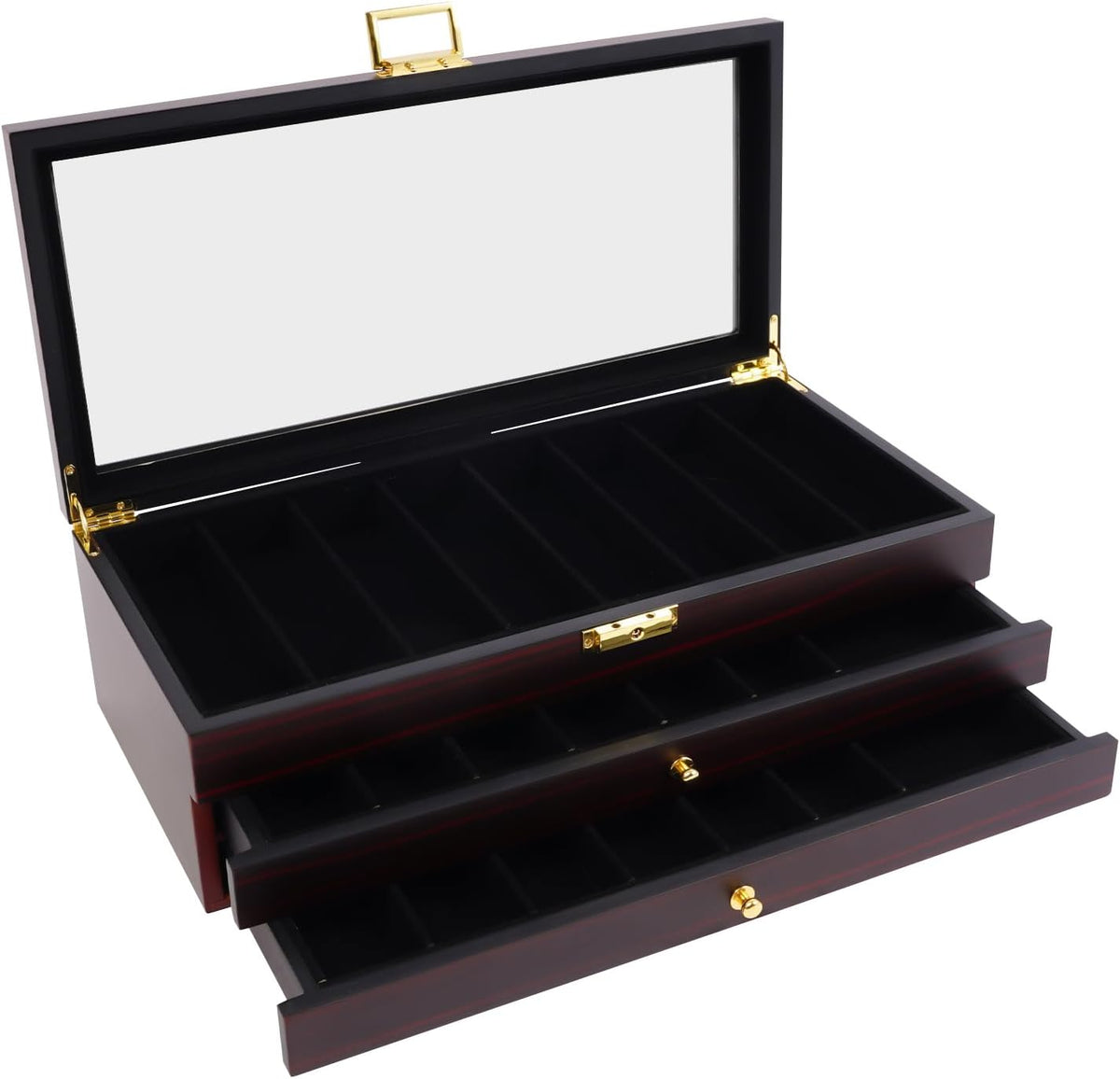 Knife Display Case, 22 Slot Storage Box, 3-Tier Lockable, Showcase & Organizer with Ebony Veneer and Real Glass Window Top for Pocket Knives, Men Gift, 15.7 * 7.6 * 4.7 in (Walnut Color, 3 Tiers)