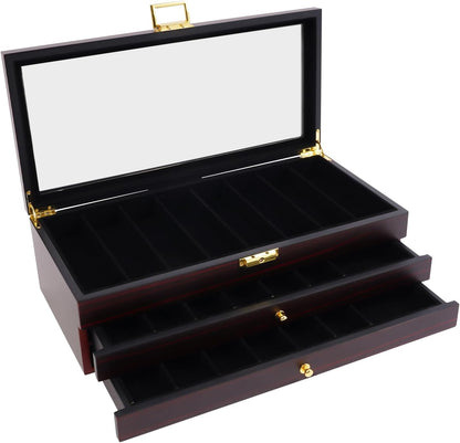 Knife Display Case, 22 Slot Storage Box, 3-Tier Lockable, Showcase & Organizer with Ebony Veneer and Real Glass Window Top for Pocket Knives, Men Gift, 15.7 * 7.6 * 4.7 in (Walnut Color, 3 Tiers)