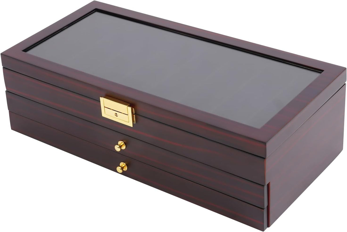 Knife Display Case, 22 Slot Storage Box, 3-Tier Lockable, Showcase & Organizer with Ebony Veneer and Real Glass Window Top for Pocket Knives, Men Gift, 15.7 * 7.6 * 4.7 in (Walnut Color, 3 Tiers)