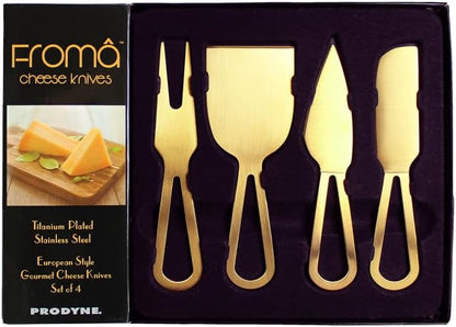 Set of 4 Cheese Knives Set, Titanium Plated Stainless Steel Knives, Gold Metal Color