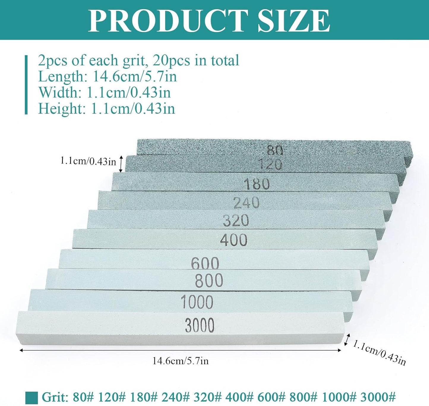20Pcs Rectangular Sharpening Stone Set, 80#-3000# Green Silicon Carbide Whetstone Stones Sticks, Honing Stone Sharpening Stones for Knives Polishing Carving Models Metal Cutting Tools