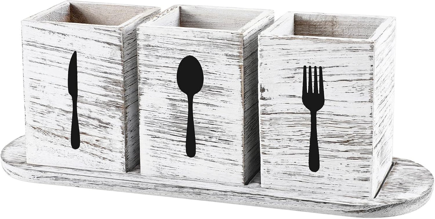4 Pcs Silverware Caddy Utensil Holder for Countertop Silverware Organizer with Wood Tray Spoon Fork Holder 3. 15 x 3. 15 x 4. 53 Inches of Each Organizer for Kitchen Parties(Retro White)