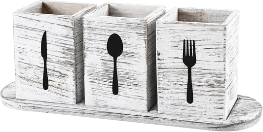 4 Pcs Silverware Caddy Utensil Holder for Countertop Silverware Organizer with Wood Tray Spoon Fork Holder 3. 15 x 3. 15 x 4. 53 Inches of Each Organizer for Kitchen Parties(Retro White)