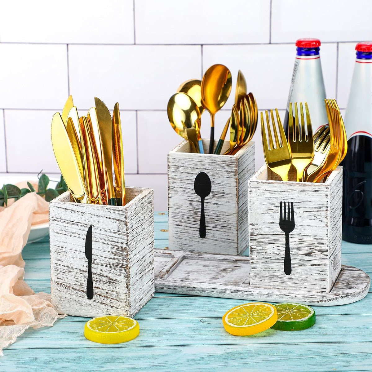 4 Pcs Silverware Caddy Utensil Holder for Countertop Silverware Organizer with Wood Tray Spoon Fork Holder 3. 15 x 3. 15 x 4. 53 Inches of Each Organizer for Kitchen Parties(Retro White)