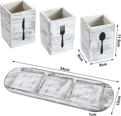 4 Pcs Silverware Caddy Utensil Holder for Countertop Silverware Organizer with Wood Tray Spoon Fork Holder 3. 15 x 3. 15 x 4. 53 Inches of Each Organizer for Kitchen Parties(Retro White)