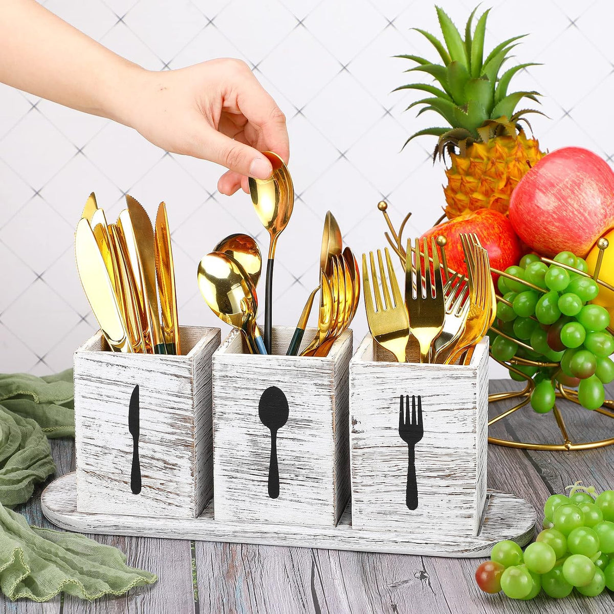 4 Pcs Silverware Caddy Utensil Holder for Countertop Silverware Organizer with Wood Tray Spoon Fork Holder 3. 15 x 3. 15 x 4. 53 Inches of Each Organizer for Kitchen Parties(Retro White)