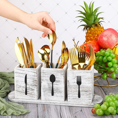 4 Pcs Silverware Caddy Utensil Holder for Countertop Silverware Organizer with Wood Tray Spoon Fork Holder 3. 15 x 3. 15 x 4. 53 Inches of Each Organizer for Kitchen Parties(Retro White)