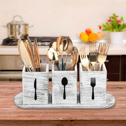 4 Pcs Silverware Caddy Utensil Holder for Countertop Silverware Organizer with Wood Tray Spoon Fork Holder 3. 15 x 3. 15 x 4. 53 Inches of Each Organizer for Kitchen Parties(Retro White)