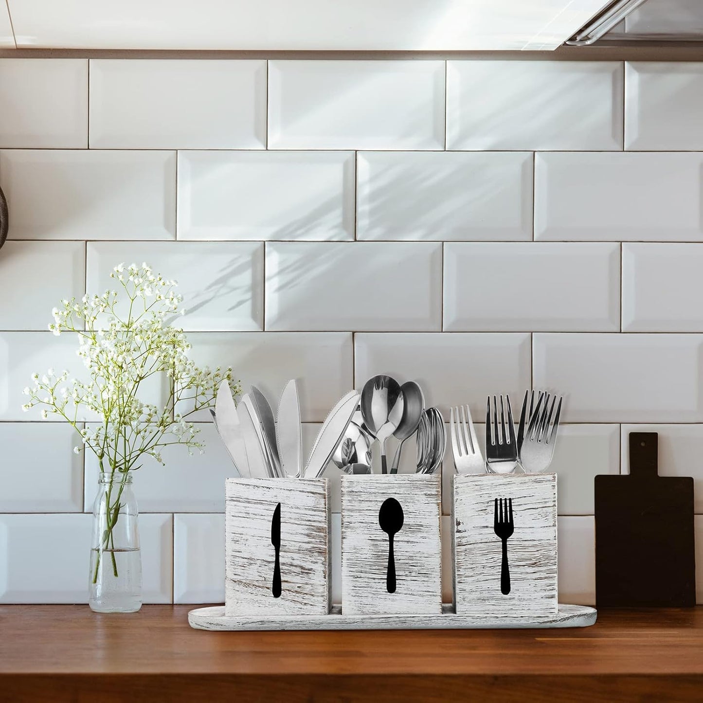 4 Pcs Silverware Caddy Utensil Holder for Countertop Silverware Organizer with Wood Tray Spoon Fork Holder 3. 15 x 3. 15 x 4. 53 Inches of Each Organizer for Kitchen Parties(Retro White)