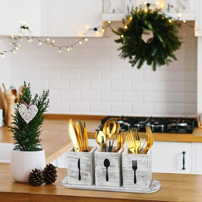 4 Pcs Silverware Caddy Utensil Holder for Countertop Silverware Organizer with Wood Tray Spoon Fork Holder 3. 15 x 3. 15 x 4. 53 Inches of Each Organizer for Kitchen Parties(Retro White)