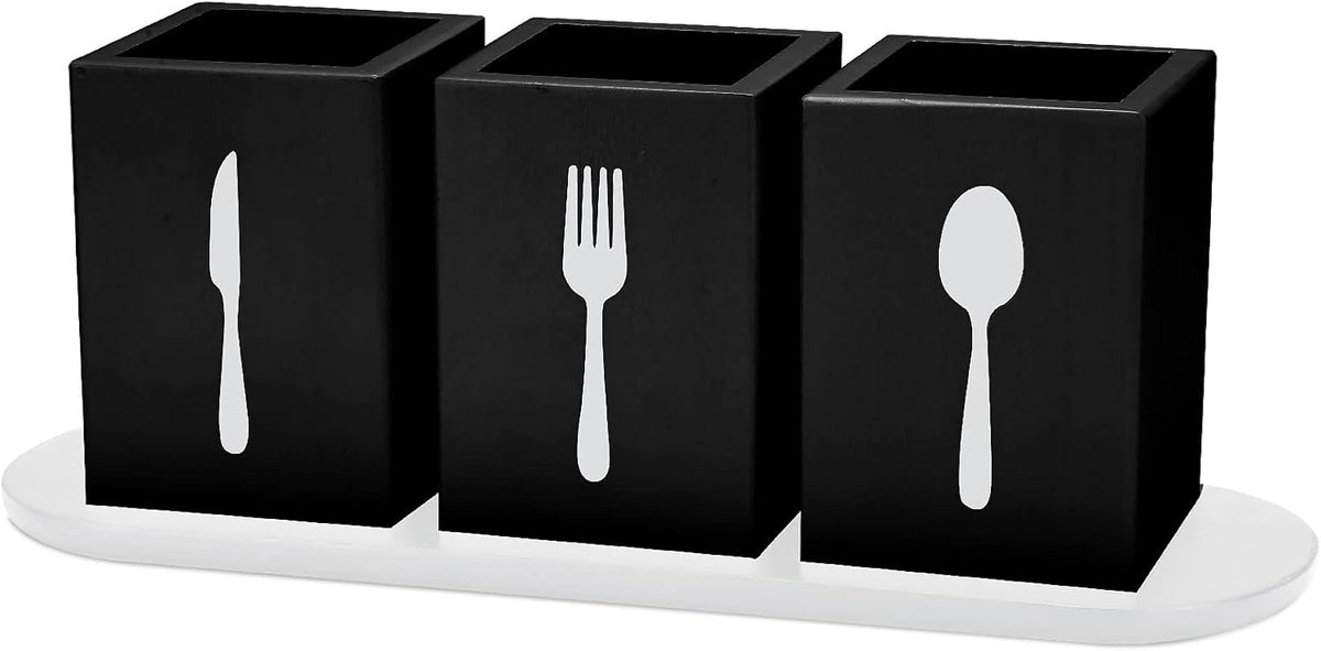 4 Pcs Silverware Caddy Utensil Holder for Countertop Silverware Organizer with Wood Tray Spoon Fork Holder 3. 15 x 3. 15 x 4. 53 Inches of Each Organizer for Kitchen Parties(Retro White)