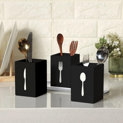 4 Pcs Silverware Caddy Utensil Holder for Countertop Silverware Organizer with Wood Tray Spoon Fork Holder 3. 15 x 3. 15 x 4. 53 Inches of Each Organizer for Kitchen Parties(Retro White)