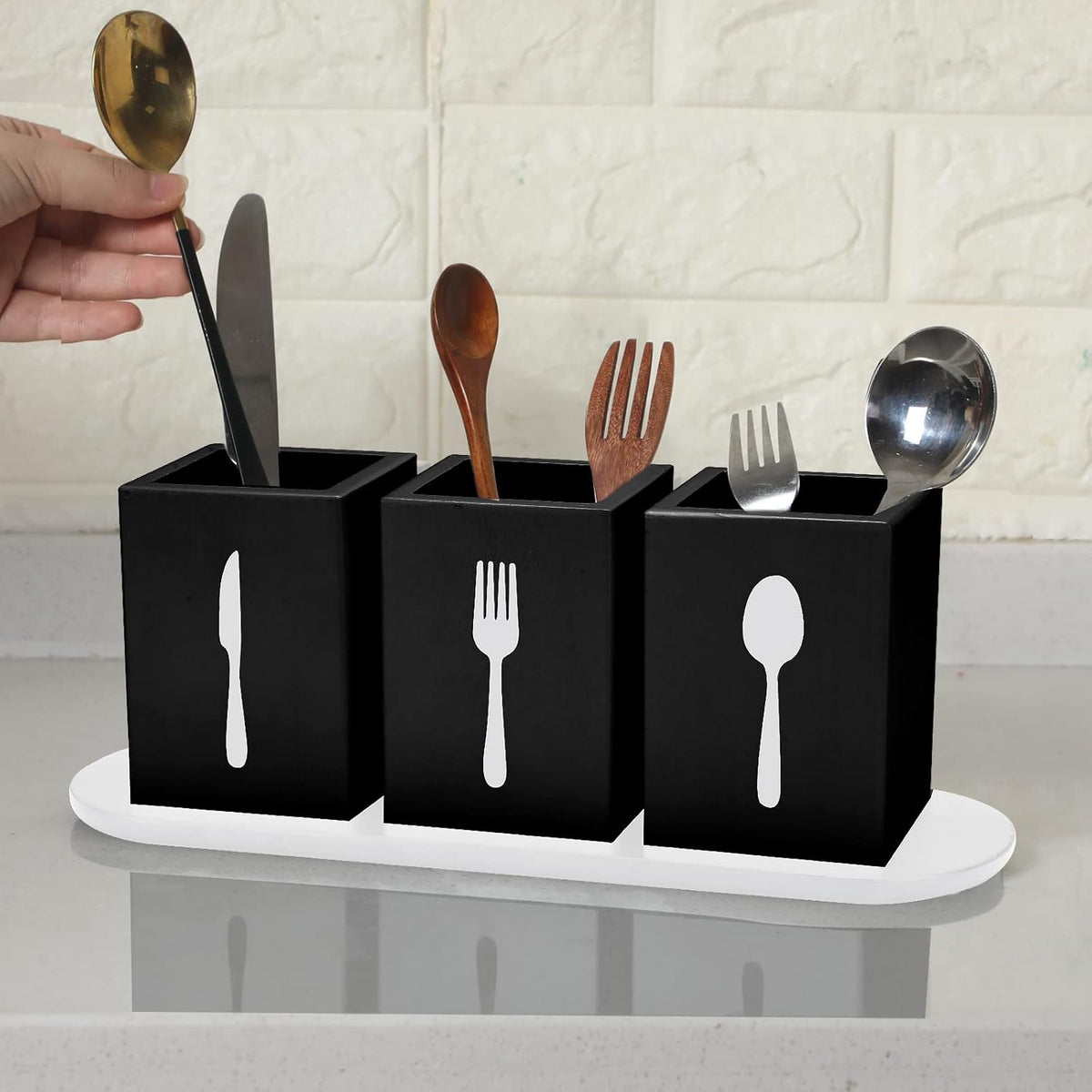 4 Pcs Silverware Caddy Utensil Holder for Countertop Silverware Organizer with Wood Tray Spoon Fork Holder 3. 15 x 3. 15 x 4. 53 Inches of Each Organizer for Kitchen Parties(Retro White)