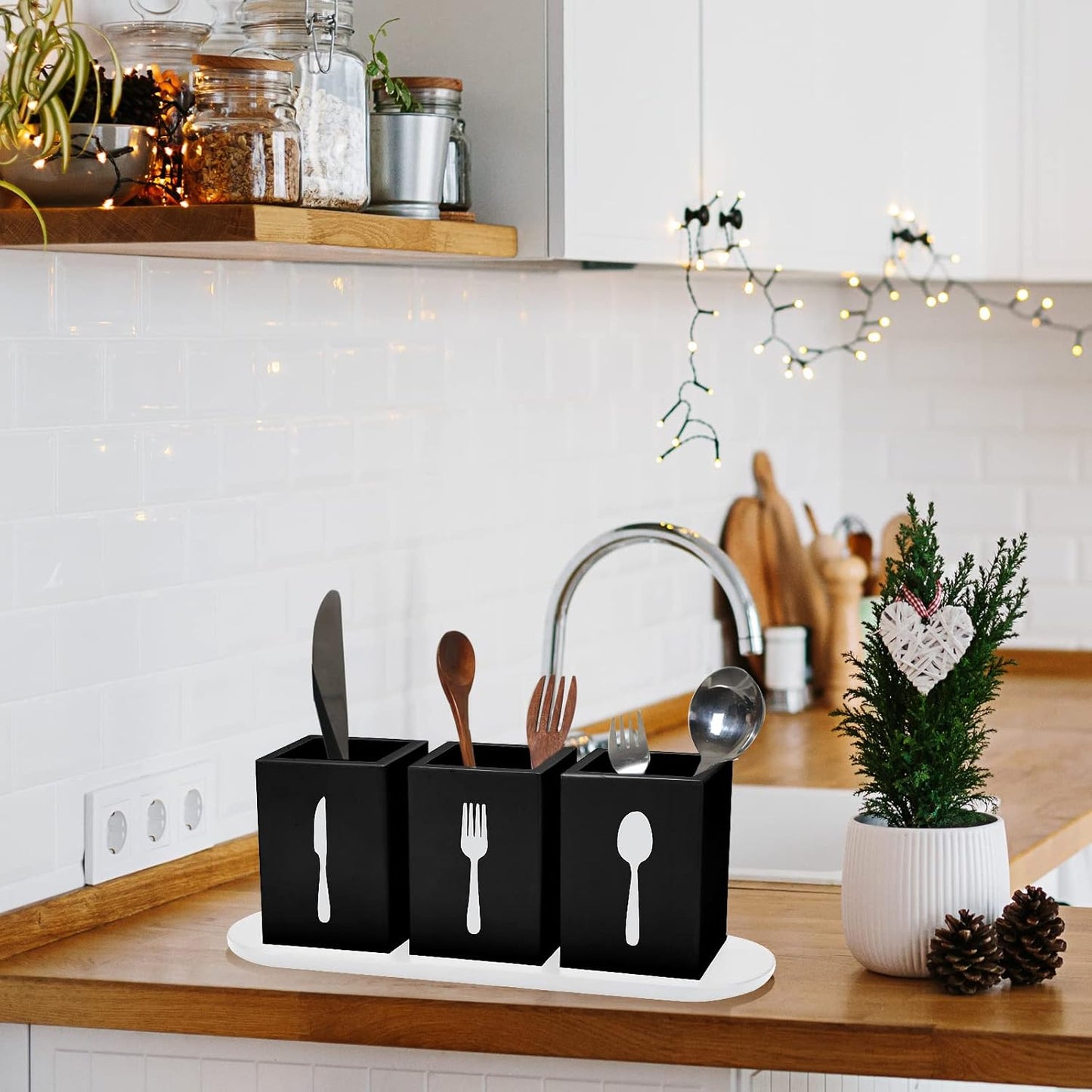 4 Pcs Silverware Caddy Utensil Holder for Countertop Silverware Organizer with Wood Tray Spoon Fork Holder 3. 15 x 3. 15 x 4. 53 Inches of Each Organizer for Kitchen Parties(Retro White)