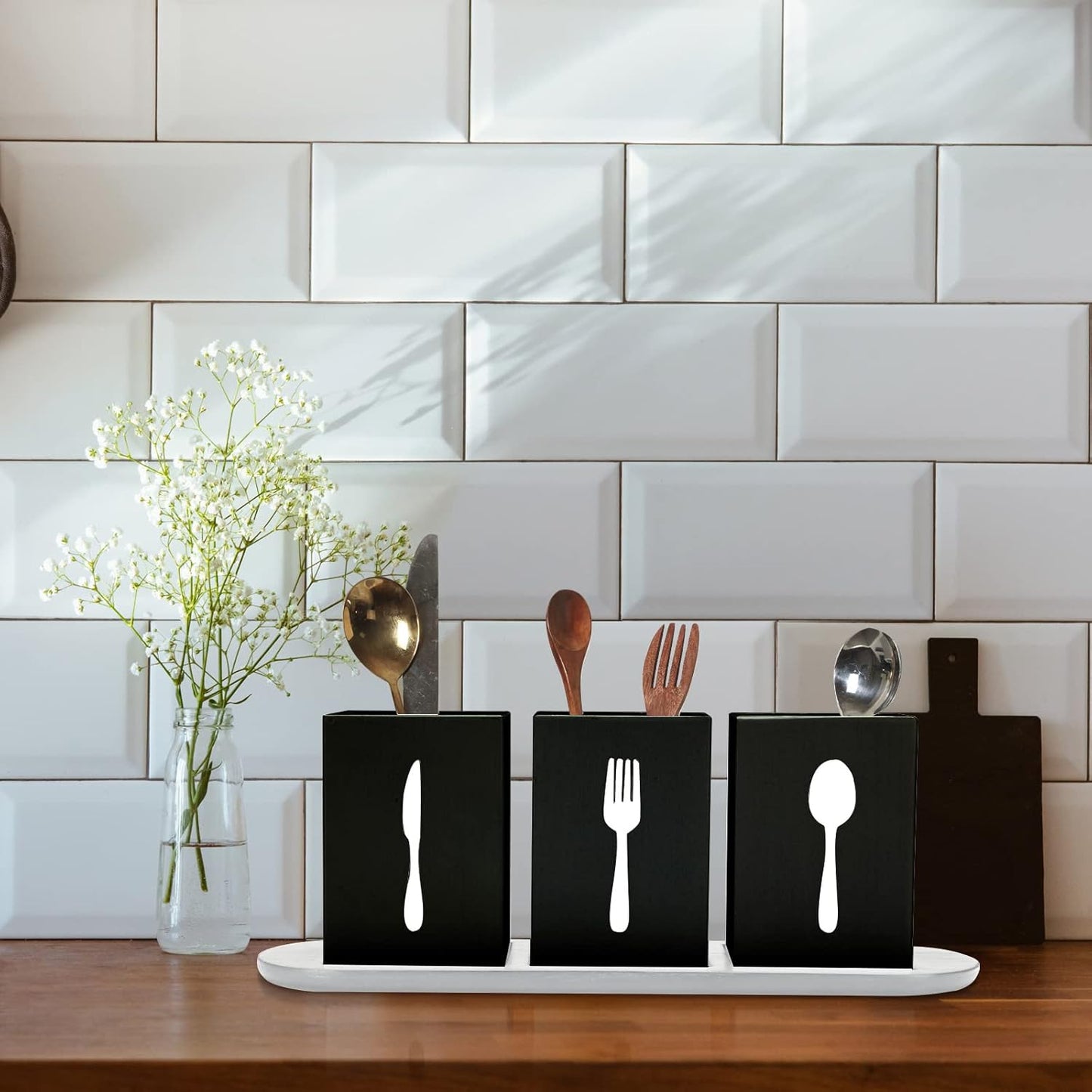 4 Pcs Silverware Caddy Utensil Holder for Countertop Silverware Organizer with Wood Tray Spoon Fork Holder 3. 15 x 3. 15 x 4. 53 Inches of Each Organizer for Kitchen Parties(Retro White)