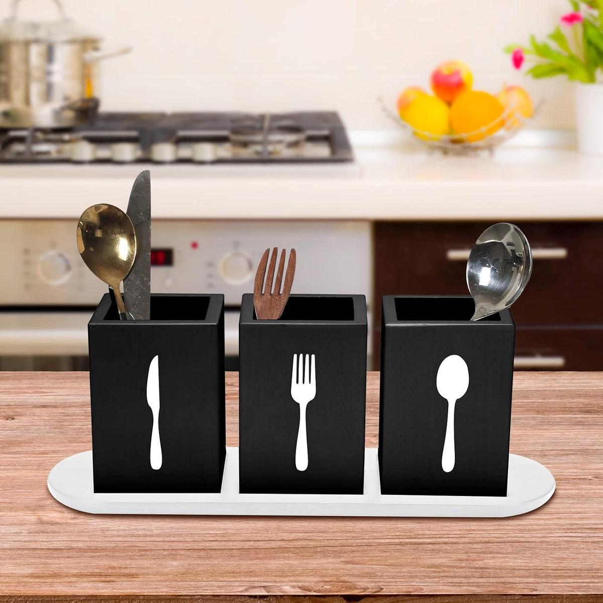 4 Pcs Silverware Caddy Utensil Holder for Countertop Silverware Organizer with Wood Tray Spoon Fork Holder 3. 15 x 3. 15 x 4. 53 Inches of Each Organizer for Kitchen Parties(Retro White)
