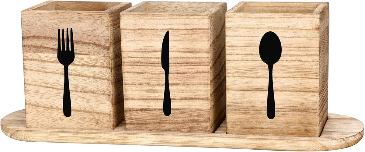 4 Pcs Silverware Caddy Utensil Holder for Countertop Silverware Organizer with Wood Tray Spoon Fork Holder 3. 15 x 3. 15 x 4. 53 Inches of Each Organizer for Kitchen Parties(Retro White)