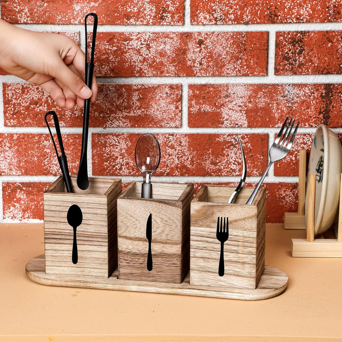 4 Pcs Silverware Caddy Utensil Holder for Countertop Silverware Organizer with Wood Tray Spoon Fork Holder 3. 15 x 3. 15 x 4. 53 Inches of Each Organizer for Kitchen Parties(Retro White)