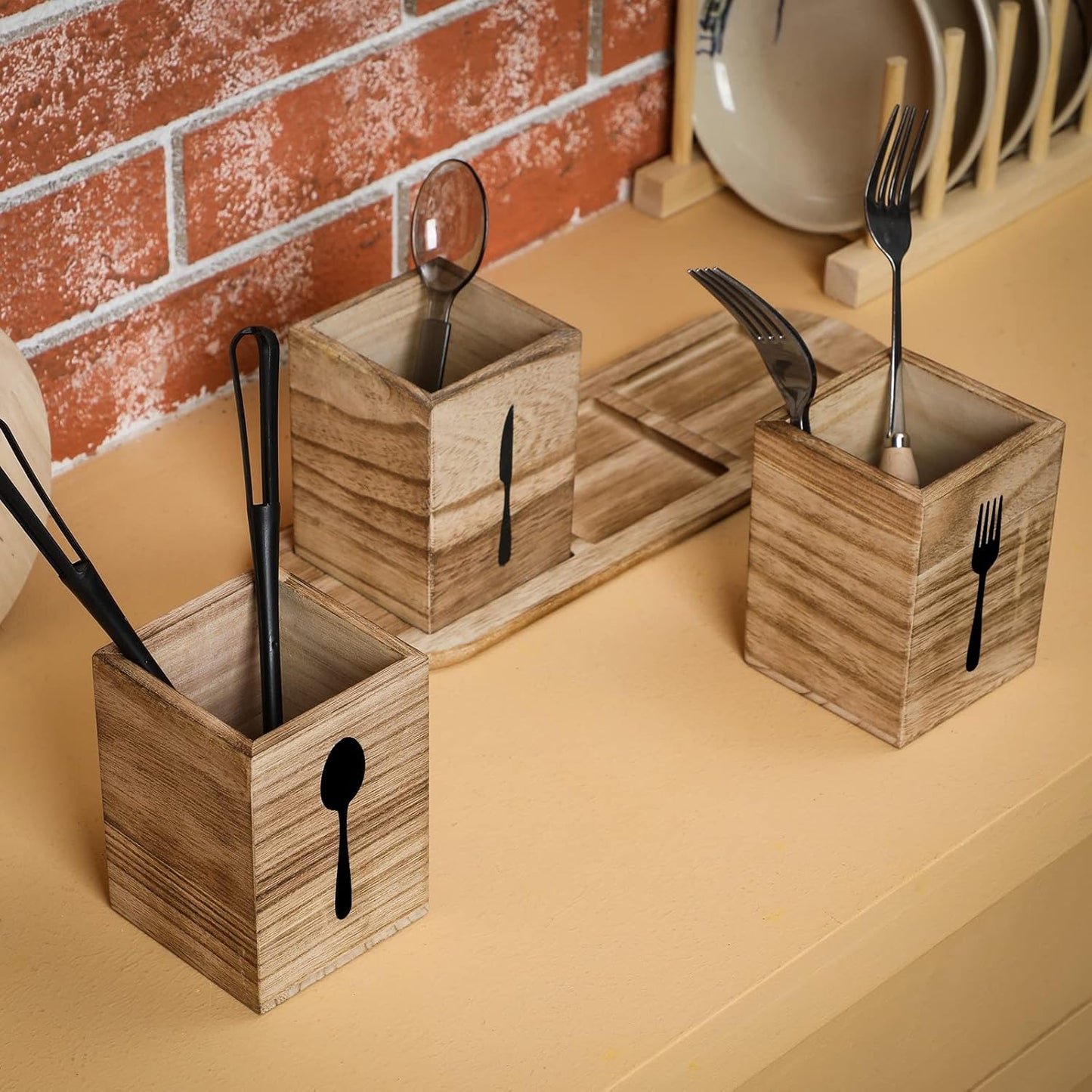 4 Pcs Silverware Caddy Utensil Holder for Countertop Silverware Organizer with Wood Tray Spoon Fork Holder 3. 15 x 3. 15 x 4. 53 Inches of Each Organizer for Kitchen Parties(Retro White)