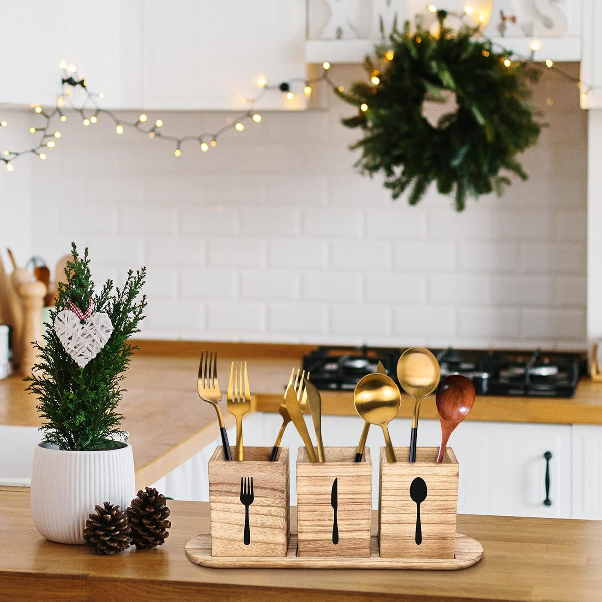 4 Pcs Silverware Caddy Utensil Holder for Countertop Silverware Organizer with Wood Tray Spoon Fork Holder 3. 15 x 3. 15 x 4. 53 Inches of Each Organizer for Kitchen Parties(Retro White)