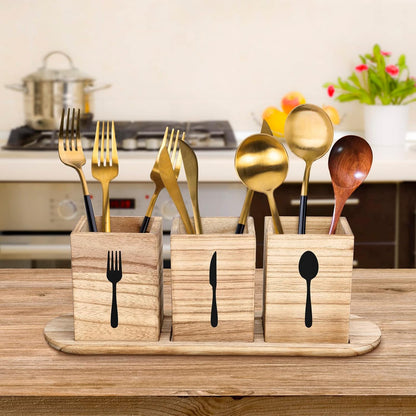 4 Pcs Silverware Caddy Utensil Holder for Countertop Silverware Organizer with Wood Tray Spoon Fork Holder 3. 15 x 3. 15 x 4. 53 Inches of Each Organizer for Kitchen Parties(Retro White)