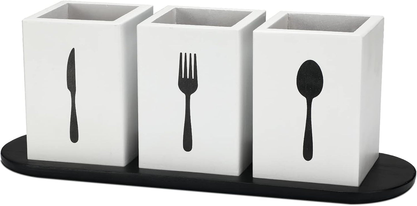 4 Pcs Silverware Caddy Utensil Holder for Countertop Silverware Organizer with Wood Tray Spoon Fork Holder 3. 15 x 3. 15 x 4. 53 Inches of Each Organizer for Kitchen Parties(Retro White)