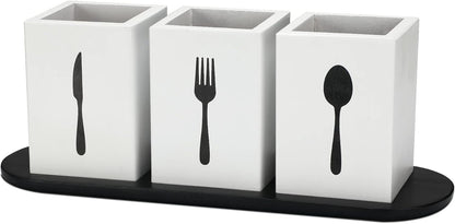 4 Pcs Silverware Caddy Utensil Holder for Countertop Silverware Organizer with Wood Tray Spoon Fork Holder 3. 15 x 3. 15 x 4. 53 Inches of Each Organizer for Kitchen Parties(Retro White)