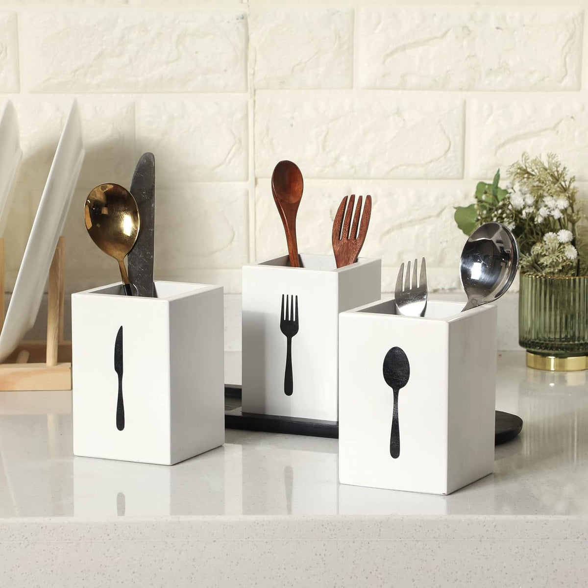 4 Pcs Silverware Caddy Utensil Holder for Countertop Silverware Organizer with Wood Tray Spoon Fork Holder 3. 15 x 3. 15 x 4. 53 Inches of Each Organizer for Kitchen Parties(Retro White)