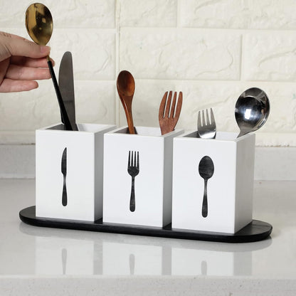 4 Pcs Silverware Caddy Utensil Holder for Countertop Silverware Organizer with Wood Tray Spoon Fork Holder 3. 15 x 3. 15 x 4. 53 Inches of Each Organizer for Kitchen Parties(Retro White)