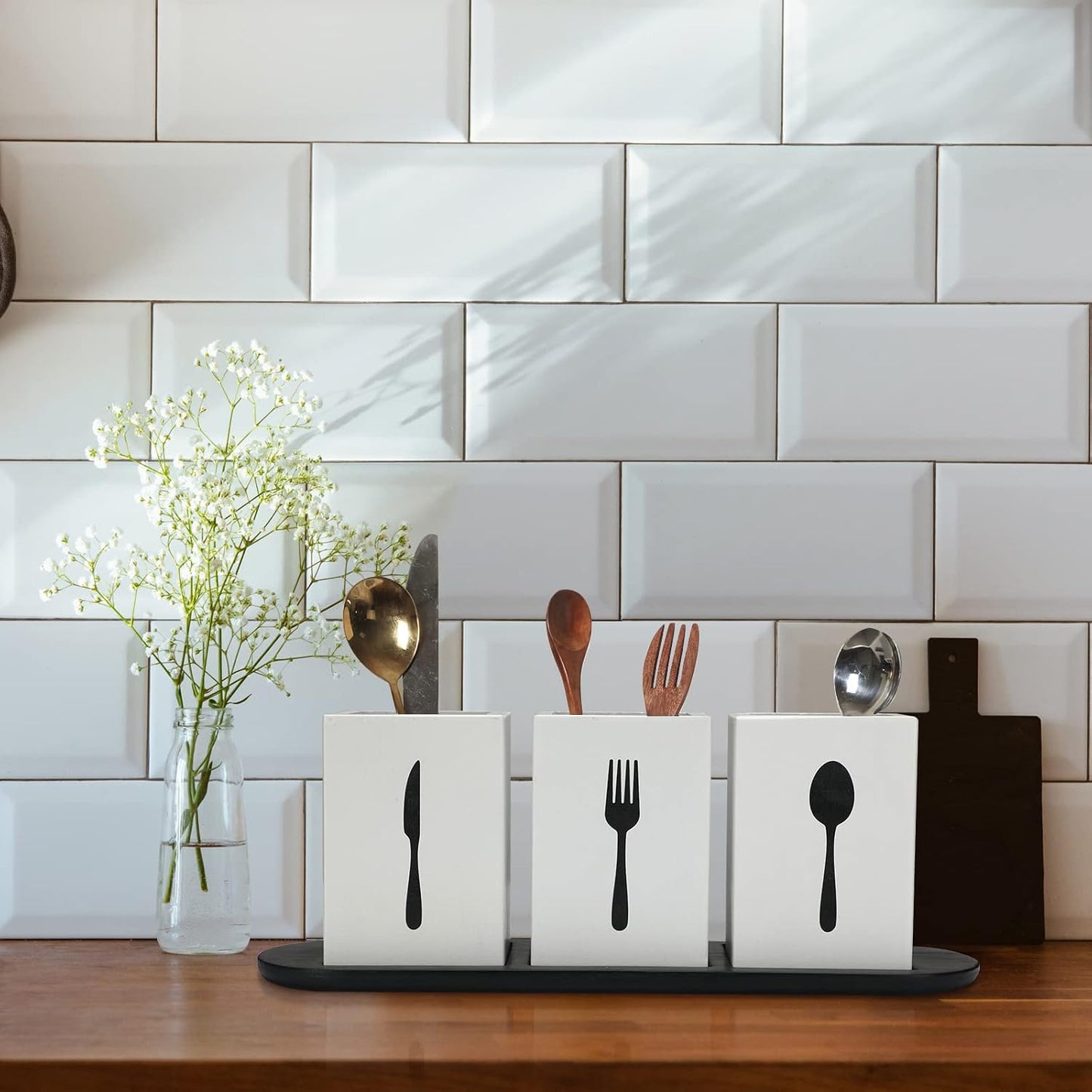4 Pcs Silverware Caddy Utensil Holder for Countertop Silverware Organizer with Wood Tray Spoon Fork Holder 3. 15 x 3. 15 x 4. 53 Inches of Each Organizer for Kitchen Parties(Retro White)