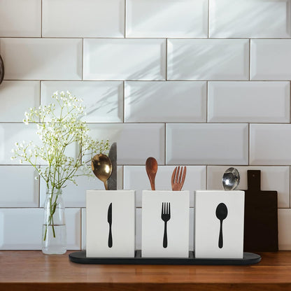 4 Pcs Silverware Caddy Utensil Holder for Countertop Silverware Organizer with Wood Tray Spoon Fork Holder 3. 15 x 3. 15 x 4. 53 Inches of Each Organizer for Kitchen Parties(Retro White)