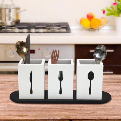 4 Pcs Silverware Caddy Utensil Holder for Countertop Silverware Organizer with Wood Tray Spoon Fork Holder 3. 15 x 3. 15 x 4. 53 Inches of Each Organizer for Kitchen Parties(Retro White)