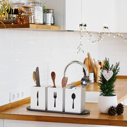 4 Pcs Silverware Caddy Utensil Holder for Countertop Silverware Organizer with Wood Tray Spoon Fork Holder 3. 15 x 3. 15 x 4. 53 Inches of Each Organizer for Kitchen Parties(Retro White)