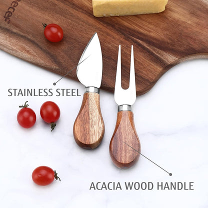 Cheese Board set of 3,a Acacia Wood Cheese Plate, a Knife, a Fork, Charcuterie Board Platter Slate Serving Set for Appetizer Birthdays, Weddings, Housewarming (Cheese board with 2 knives)