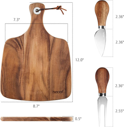 Cheese Board set of 3,a Acacia Wood Cheese Plate, a Knife, a Fork, Charcuterie Board Platter Slate Serving Set for Appetizer Birthdays, Weddings, Housewarming (Cheese board with 2 knives)