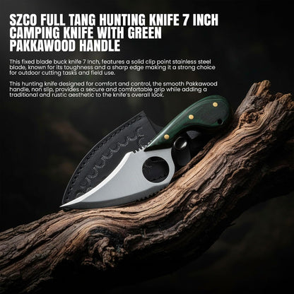 SZCO Full Tang Hunting Knife 7 Inch - Camping Knife with Green Pakkawood Handle, Stainless Steel Blade & Sheath - Pocket Knife for Hunting, Cutting & Outdoor uses - Knives for Men