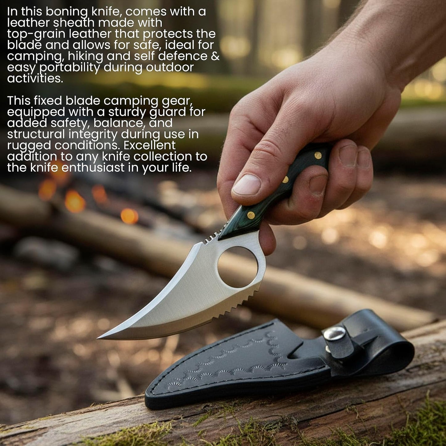 SZCO Full Tang Hunting Knife 7 Inch - Camping Knife with Green Pakkawood Handle, Stainless Steel Blade & Sheath - Pocket Knife for Hunting, Cutting & Outdoor uses - Knives for Men