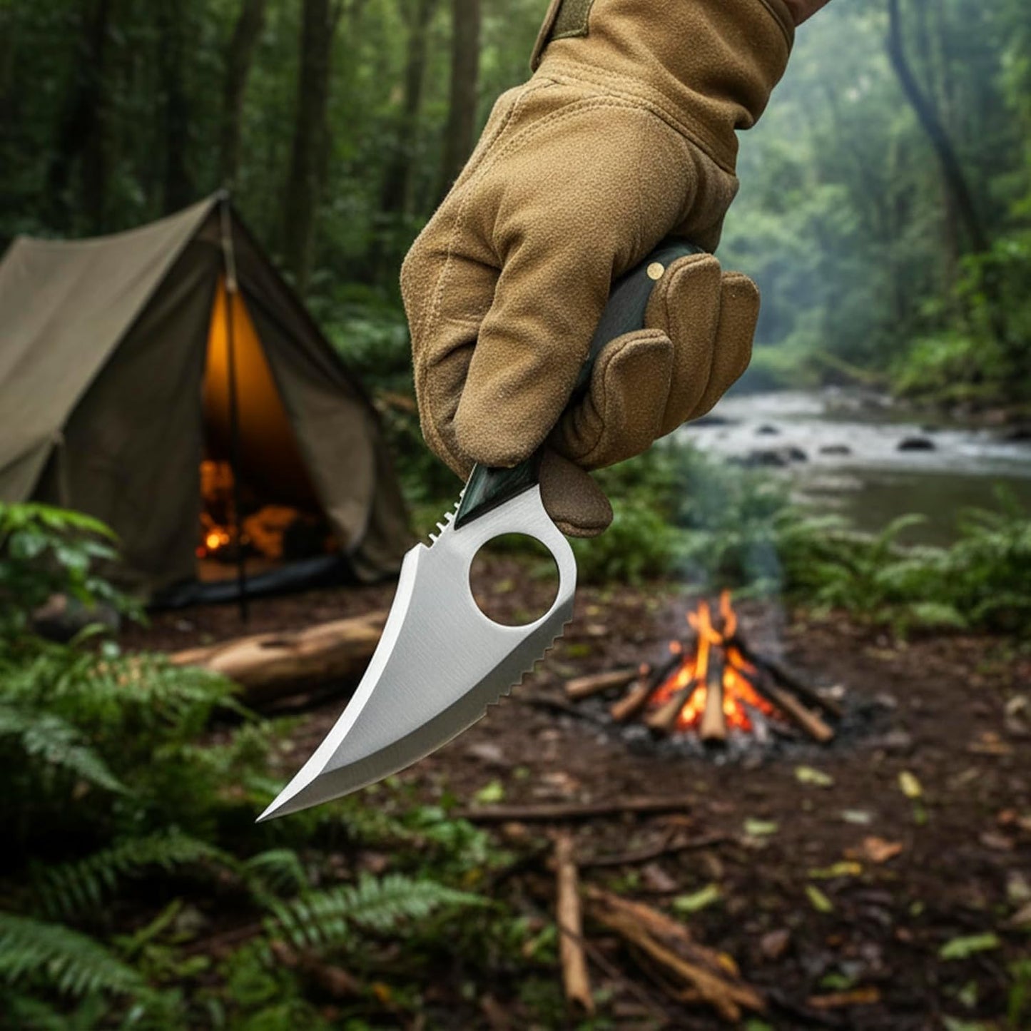 SZCO Full Tang Hunting Knife 7 Inch - Camping Knife with Green Pakkawood Handle, Stainless Steel Blade & Sheath - Pocket Knife for Hunting, Cutting & Outdoor uses - Knives for Men