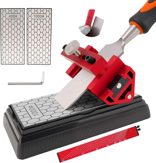 Chisel Sharpening Kit with Honing Guide & 400/1000 Grit Diamond Stone | Woodworking Sharpening Jig, For Chisels & Plane Blades, Angle Guide, Non-Slip Base & Bag