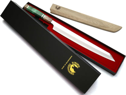Yoshihiro Gintsuru Ginsan Stainless Steel Yanagi Kiritsuke Mirror-Polished Sushi Sashimi Japanese Knife with Stabilized Maple Burl Handle (11.8" (300mm) & Saya)