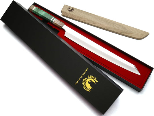 Yoshihiro Gintsuru Ginsan Stainless Steel Yanagi Kiritsuke Mirror-Polished Sushi Sashimi Japanese Knife with Stabilized Maple Burl Handle (11.8" (300mm) & Saya)