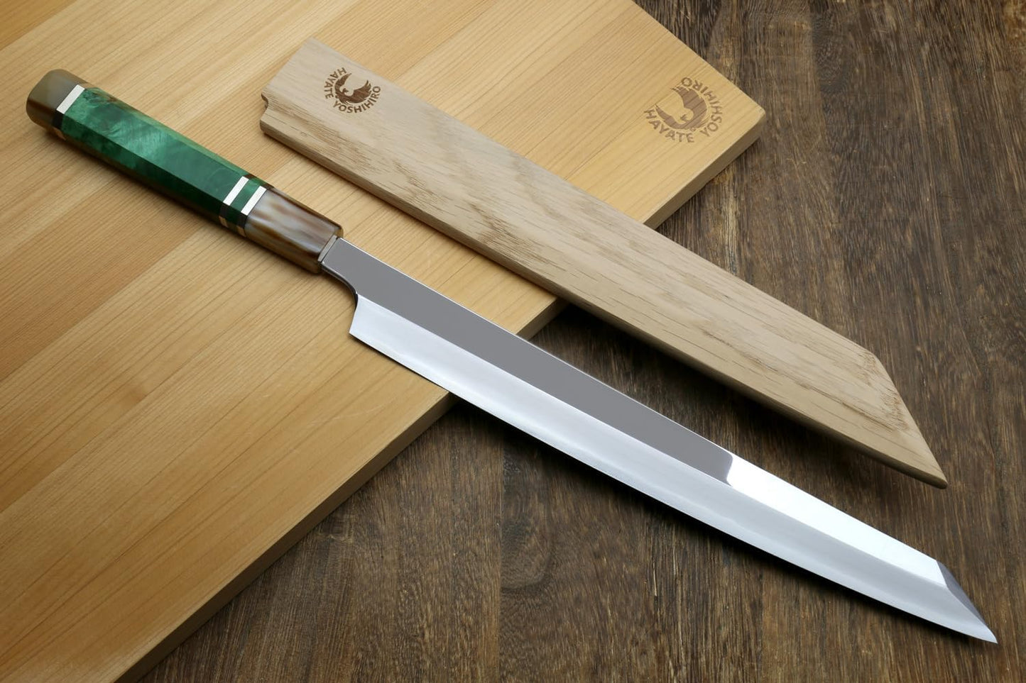 Yoshihiro Gintsuru Ginsan Stainless Steel Yanagi Kiritsuke Mirror-Polished Sushi Sashimi Japanese Knife with Stabilized Maple Burl Handle (11.8" (300mm) & Saya)