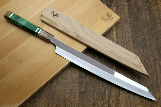 Yoshihiro Gintsuru Ginsan Stainless Steel Yanagi Kiritsuke Mirror-Polished Sushi Sashimi Japanese Knife with Stabilized Maple Burl Handle (11.8" (300mm) & Saya)