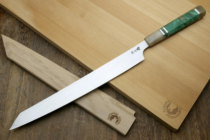 Yoshihiro Gintsuru Ginsan Stainless Steel Yanagi Kiritsuke Mirror-Polished Sushi Sashimi Japanese Knife with Stabilized Maple Burl Handle (11.8" (300mm) & Saya)