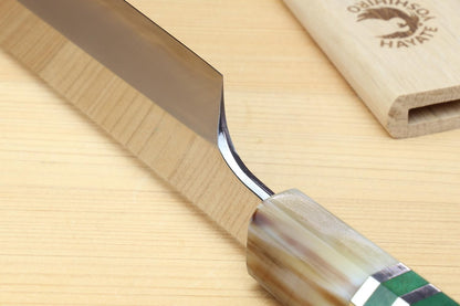 Yoshihiro Gintsuru Ginsan Stainless Steel Yanagi Kiritsuke Mirror-Polished Sushi Sashimi Japanese Knife with Stabilized Maple Burl Handle (11.8" (300mm) & Saya)