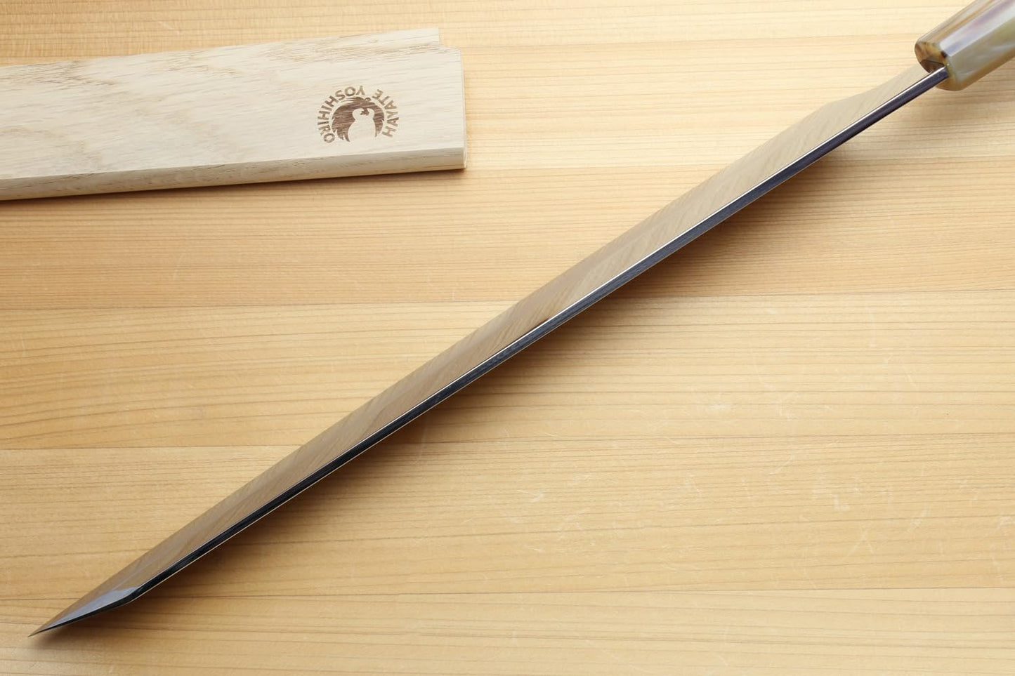 Yoshihiro Gintsuru Ginsan Stainless Steel Yanagi Kiritsuke Mirror-Polished Sushi Sashimi Japanese Knife with Stabilized Maple Burl Handle (11.8" (300mm) & Saya)