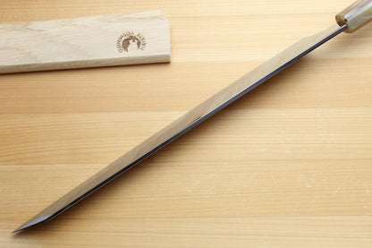 Yoshihiro Gintsuru Ginsan Stainless Steel Yanagi Kiritsuke Mirror-Polished Sushi Sashimi Japanese Knife with Stabilized Maple Burl Handle (11.8" (300mm) & Saya)